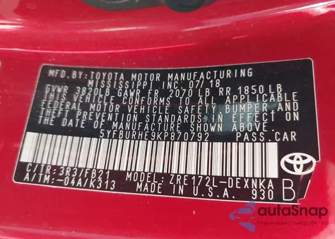 2019 Toyota Corolla Le z USA, uszkodzony, nr VIN 5YFBURHE9KP870792